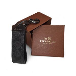 Coach Black Leather Loop Key Fob Wristlet | Signature C | Gunmetal Hardware + Bo